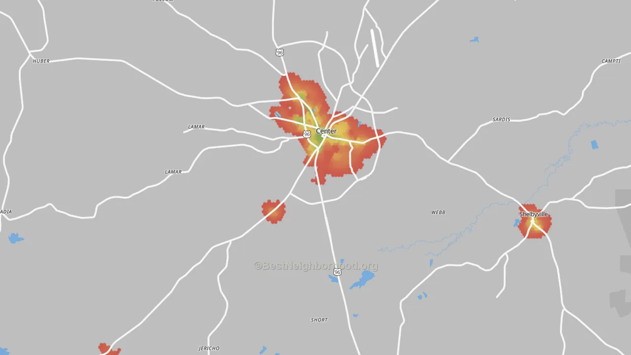 Walk Grade map of 75935, TX, walkable areas in green and car-dependent areas in red