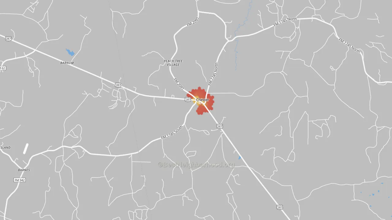 Walk Grade map of 75936, TX, walkable areas in green and car-dependent areas in red