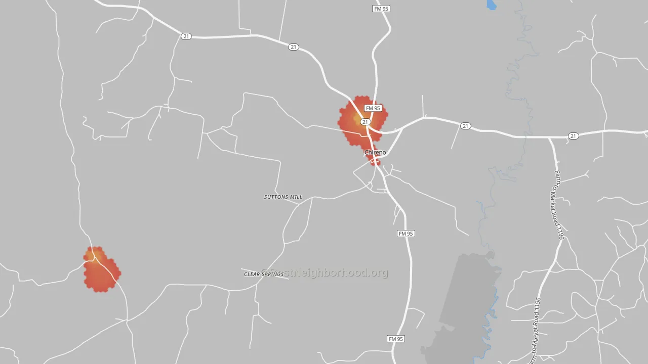Walk Grade map of 75937, TX, walkable areas in green and car-dependent areas in red