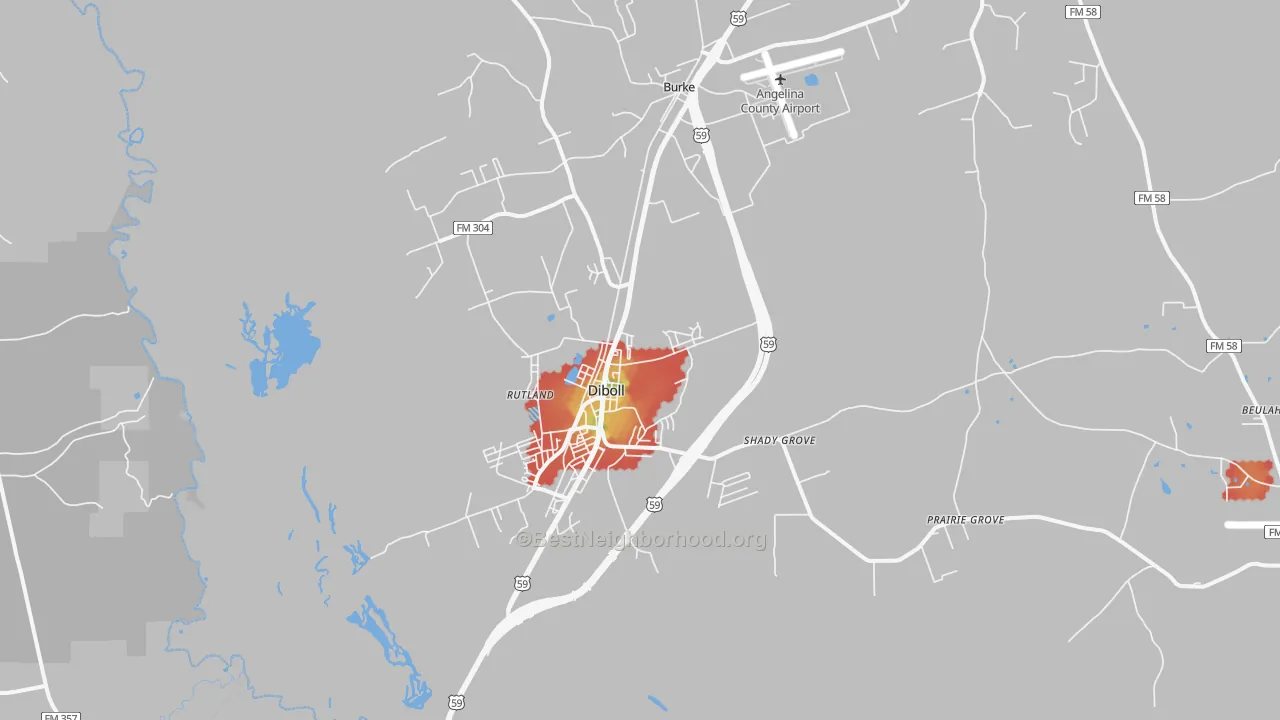 Walk Grade map of 75941, TX, walkable areas in green and car-dependent areas in red