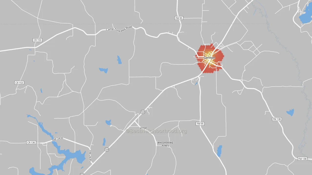 Walk Grade map of 75946, TX, walkable areas in green and car-dependent areas in red