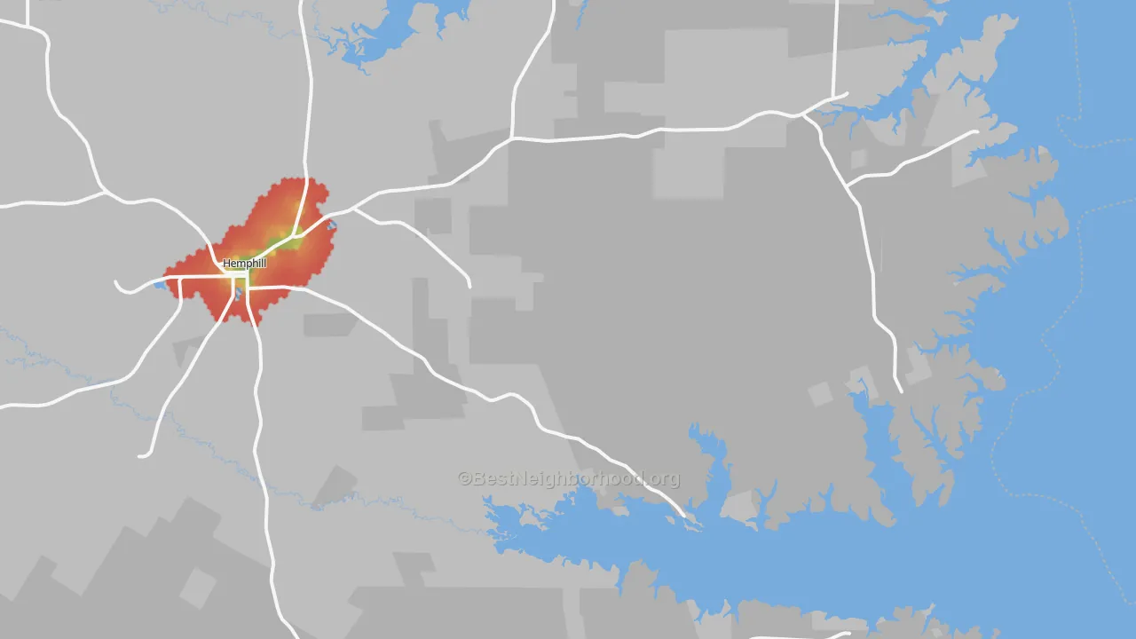 Walk Grade map of 75948, TX, walkable areas in green and car-dependent areas in red
