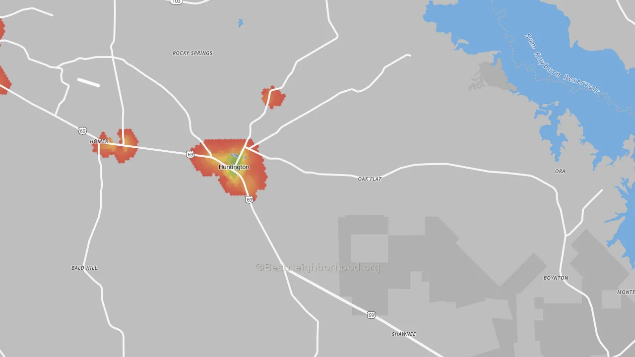 Walk Grade map of 75949, TX, walkable areas in green and car-dependent areas in red