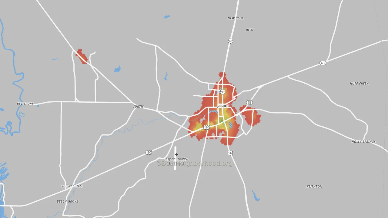 Walk Grade map of 75951, TX, walkable areas in green and car-dependent areas in red
