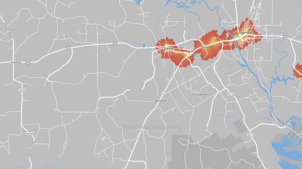 Walk Grade map of 75954, TX, walkable areas in green and car-dependent areas in red