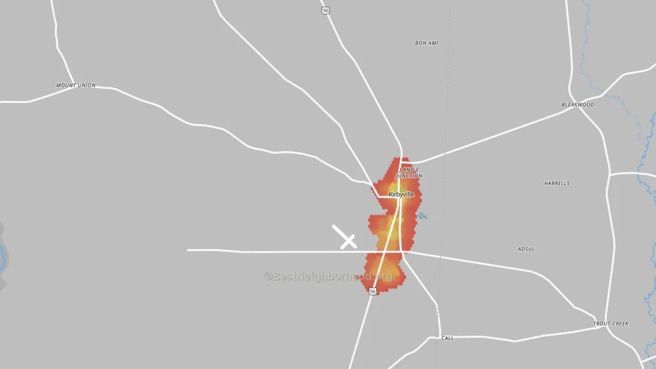 Walk Grade map of 75956, TX, walkable areas in green and car-dependent areas in red