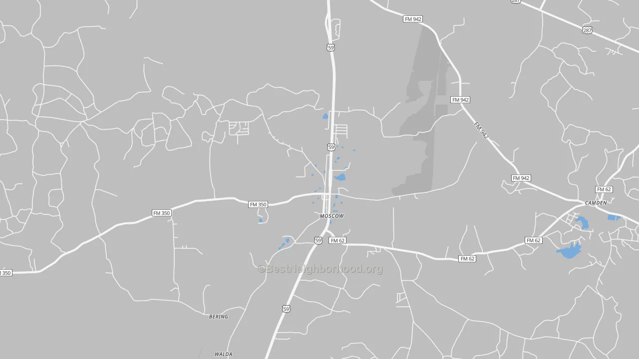 Walk Grade map of 75960, TX, walkable areas in green and car-dependent areas in red
