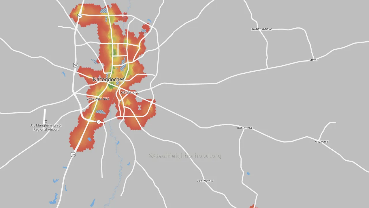 Walk Grade map of 75961, TX, walkable areas in green and car-dependent areas in red