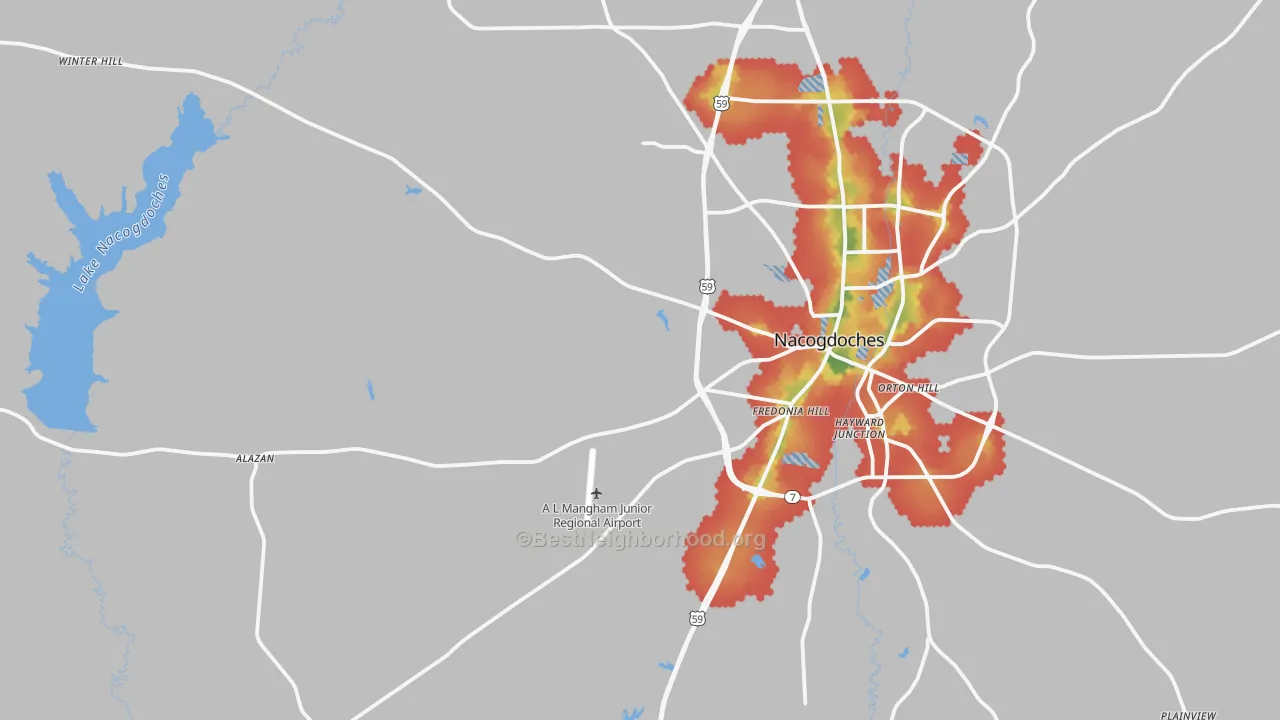 Walk Grade map of 75964, TX, walkable areas in green and car-dependent areas in red