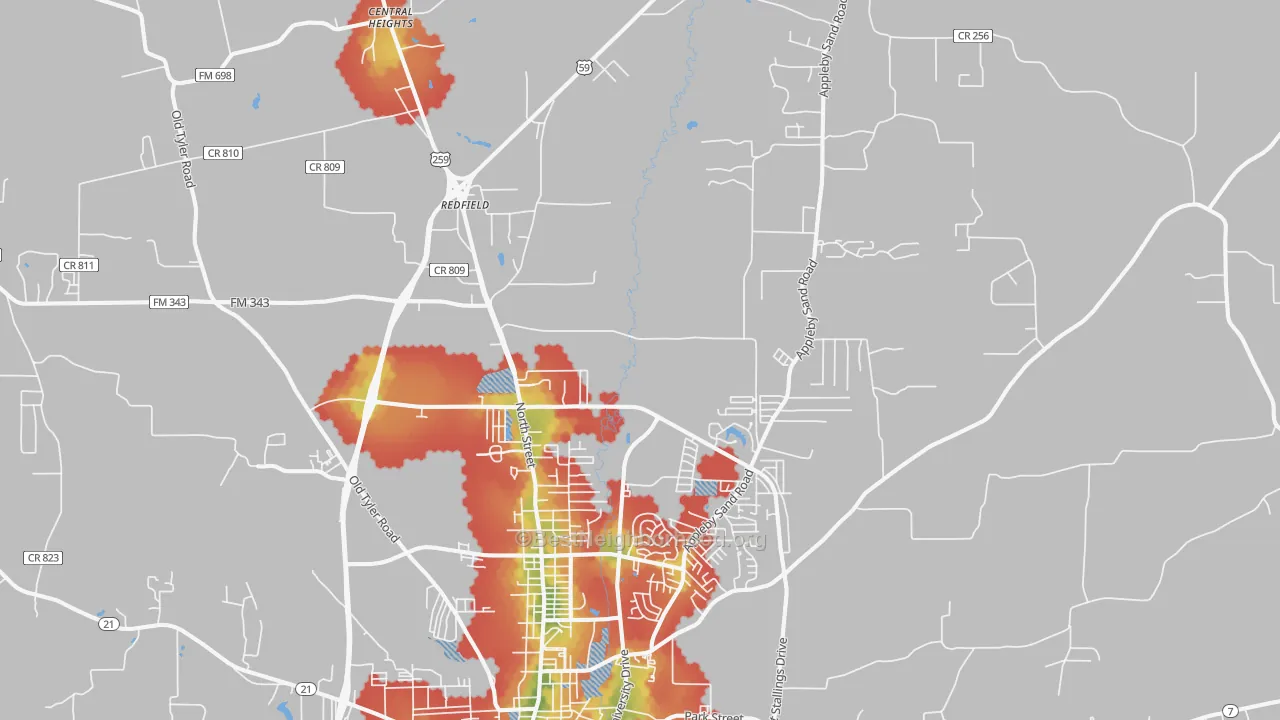 Walk Grade map of 75965, TX, walkable areas in green and car-dependent areas in red