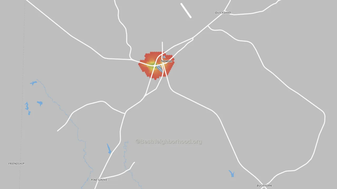 Walk Grade map of 75966, TX, walkable areas in green and car-dependent areas in red