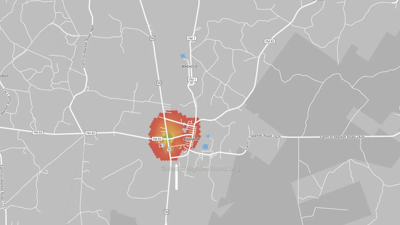 Walk Grade map of 75968, TX, walkable areas in green and car-dependent areas in red