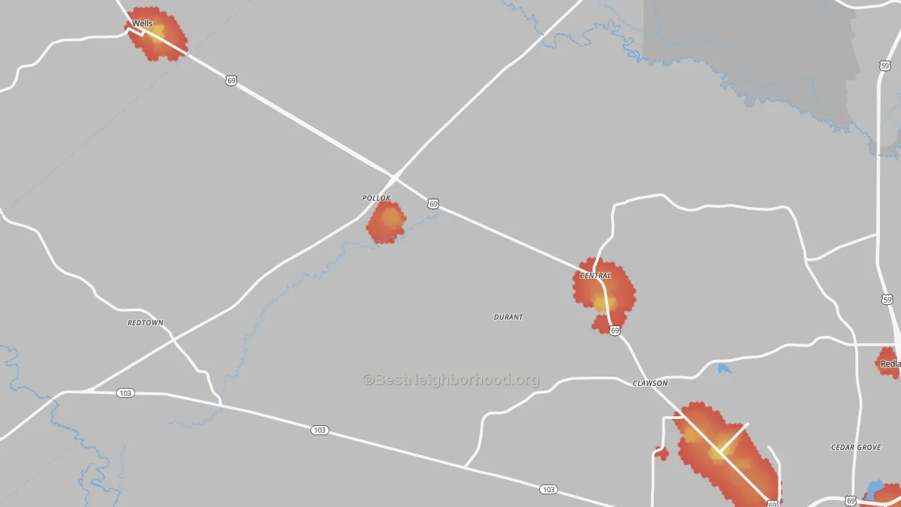Walk Grade map of 75969, TX, walkable areas in green and car-dependent areas in red