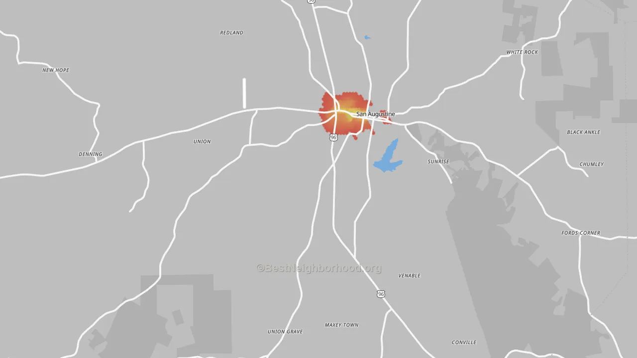 Walk Grade map of 75972, TX, walkable areas in green and car-dependent areas in red