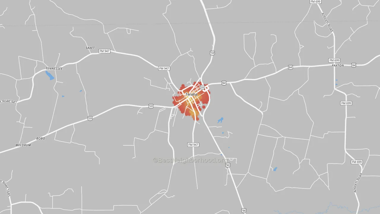 Walk Grade map of 75974, TX, walkable areas in green and car-dependent areas in red