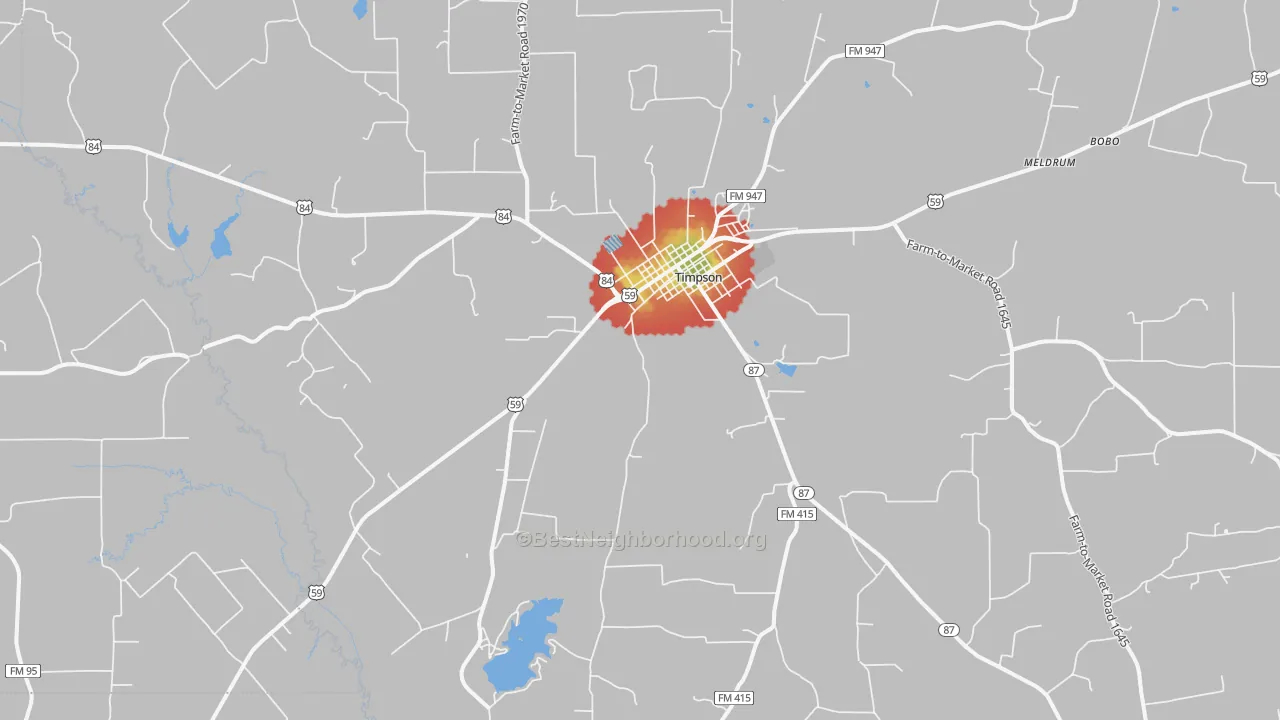 Walk Grade map of 75975, TX, walkable areas in green and car-dependent areas in red