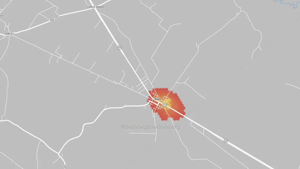 Walk Grade map of 75976, TX, walkable areas in green and car-dependent areas in red
