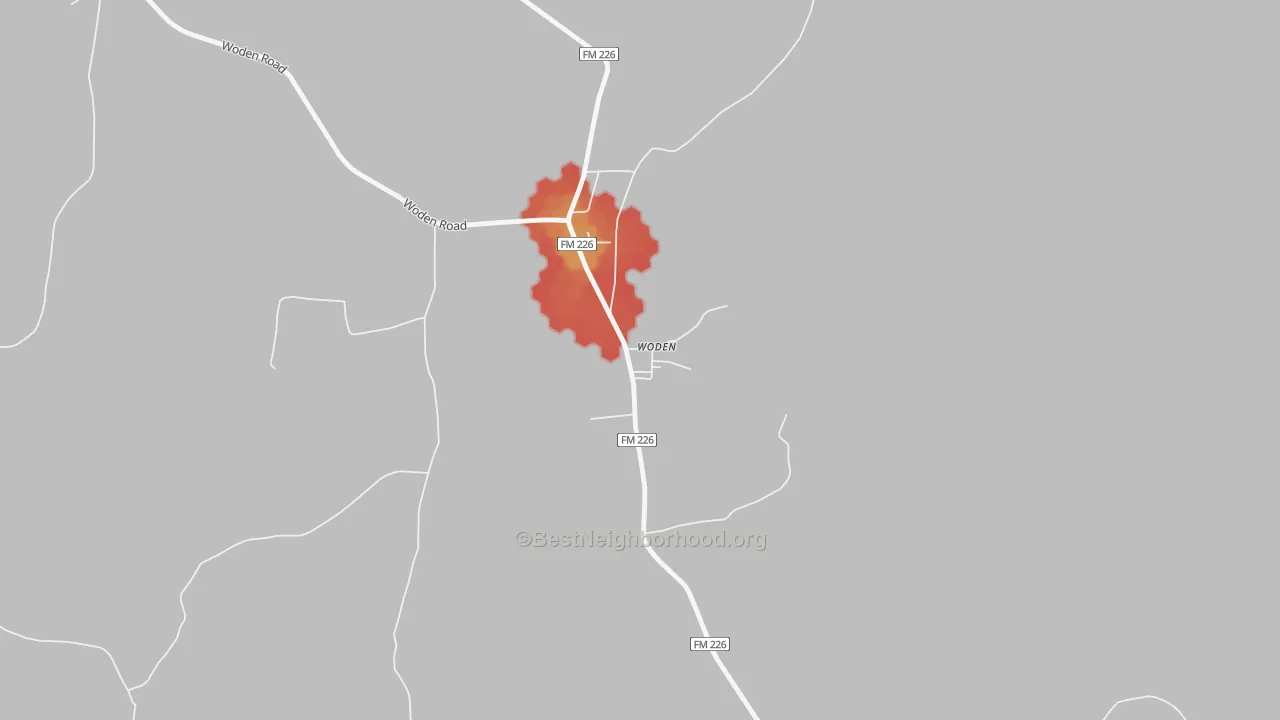 Walk Grade map of 75978, TX, walkable areas in green and car-dependent areas in red