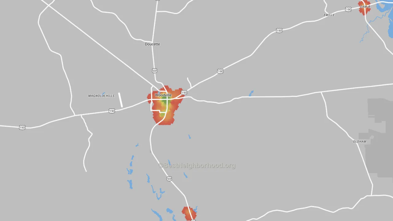 Walk Grade map of 75979, TX, walkable areas in green and car-dependent areas in red