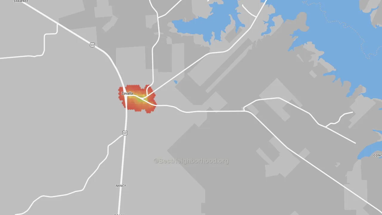 Walk Grade map of 75980, TX, walkable areas in green and car-dependent areas in red