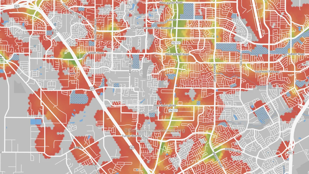 Walk Grade map of 76001, TX, walkable areas in green and car-dependent areas in red