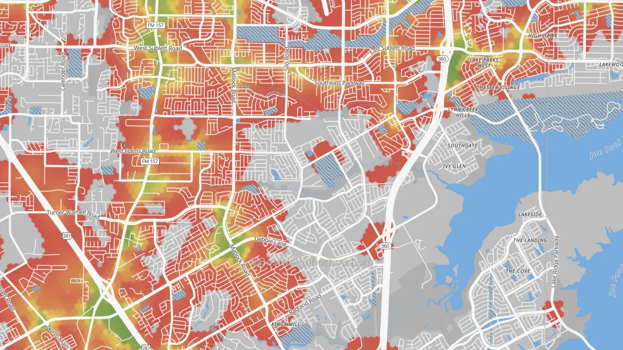 Walk Grade map of 76002, TX, walkable areas in green and car-dependent areas in red