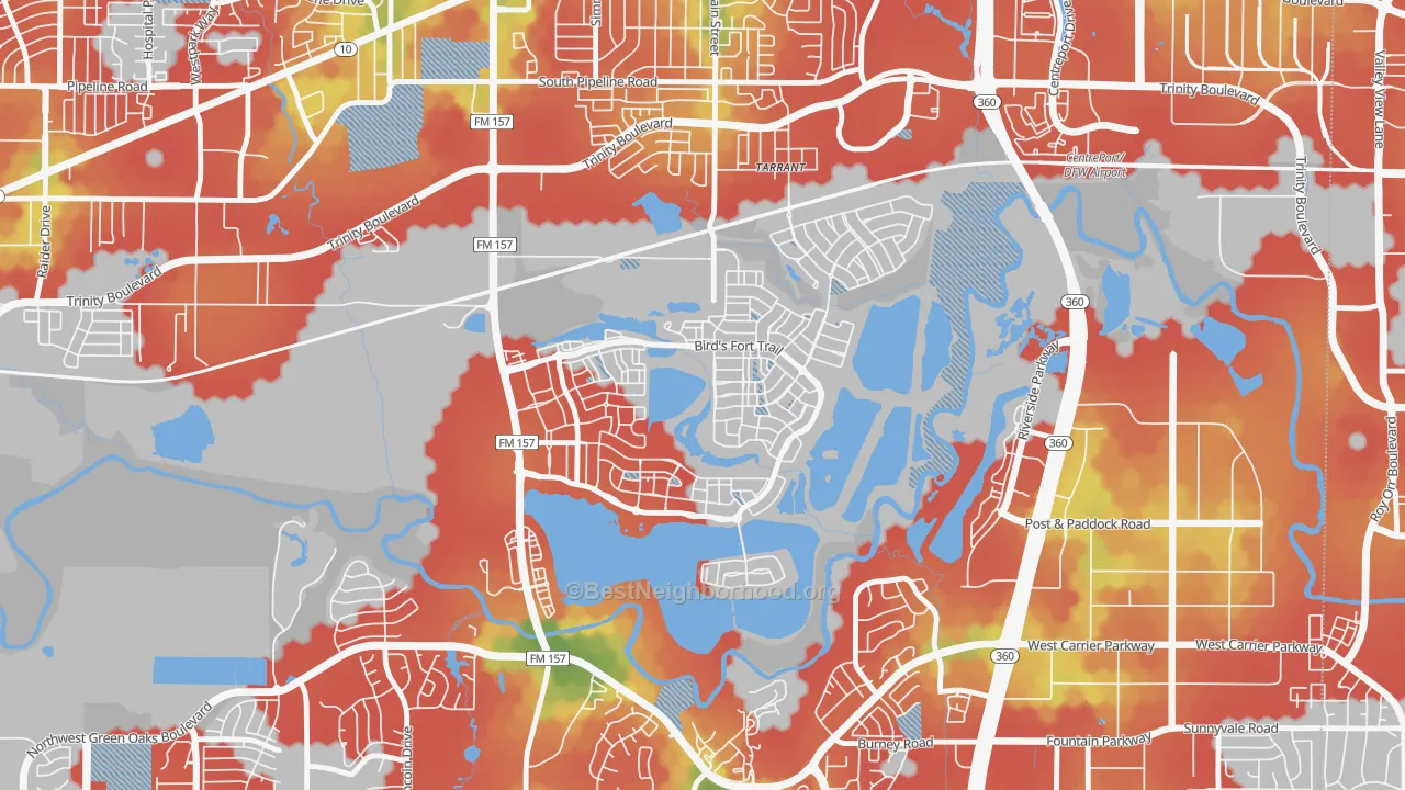 Walk Grade map of 76005, TX, walkable areas in green and car-dependent areas in red