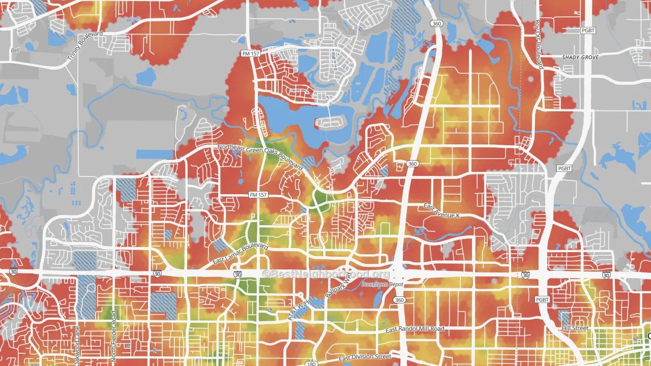 Walk Grade map of 76006, TX, walkable areas in green and car-dependent areas in red
