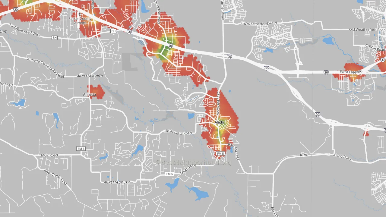 Walk Grade map of 76008, TX, walkable areas in green and car-dependent areas in red