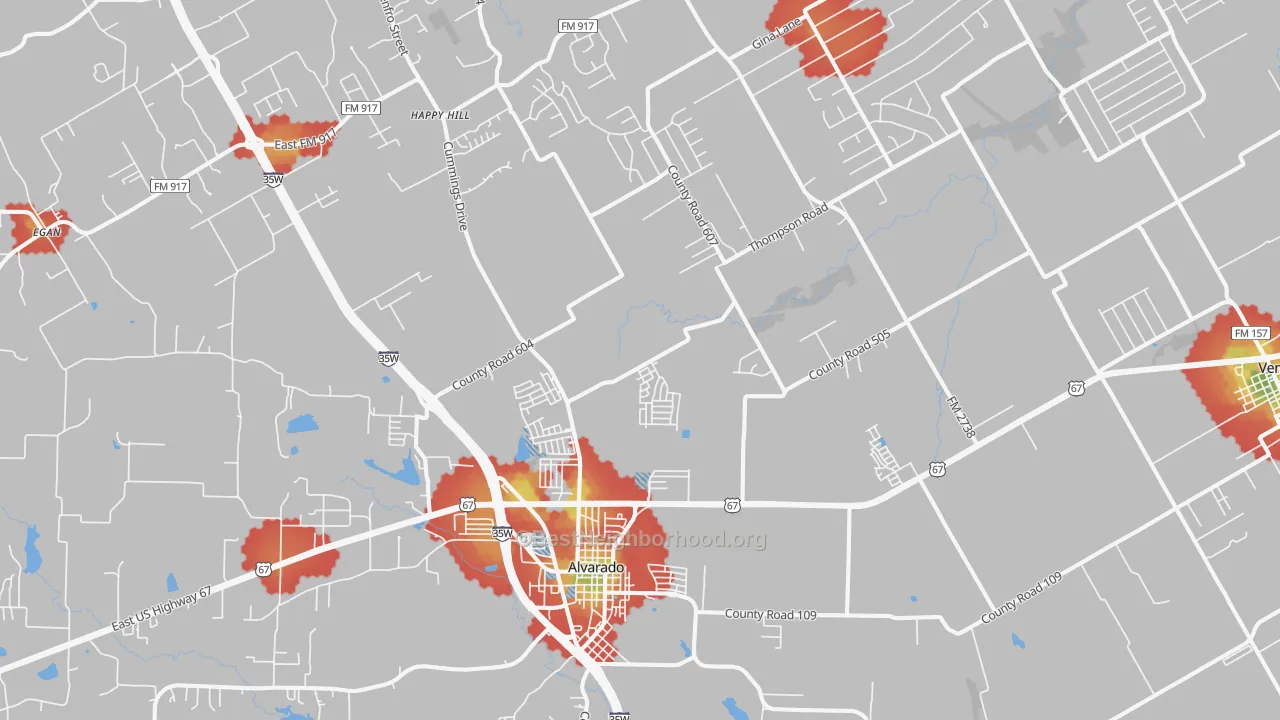 Walk Grade map of 76009, TX, walkable areas in green and car-dependent areas in red