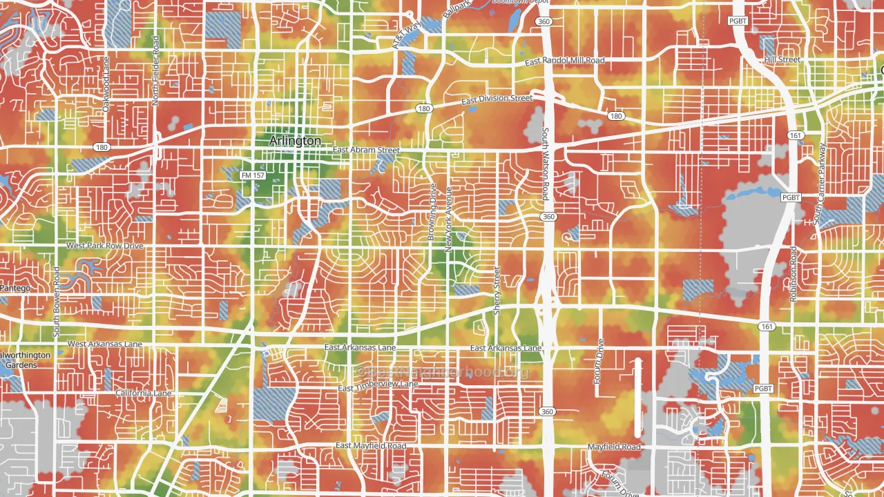 Walk Grade map of 76010, TX, walkable areas in green and car-dependent areas in red