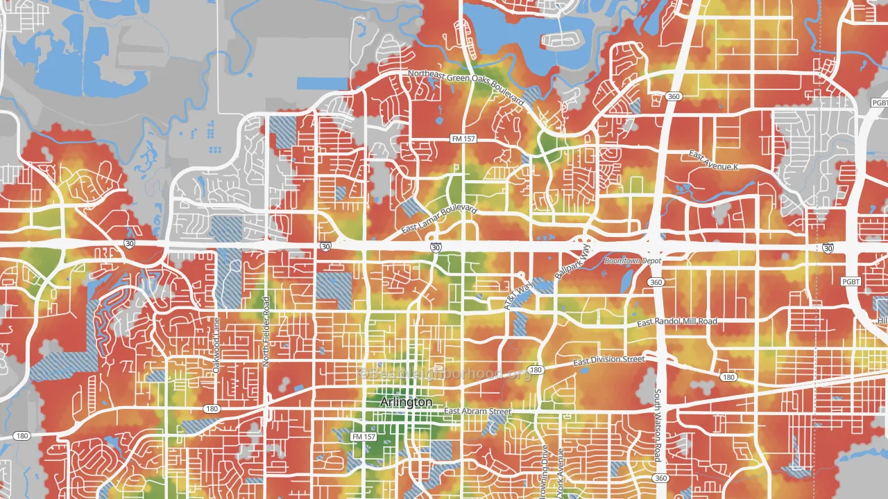 Walk Grade map of 76011, TX, walkable areas in green and car-dependent areas in red