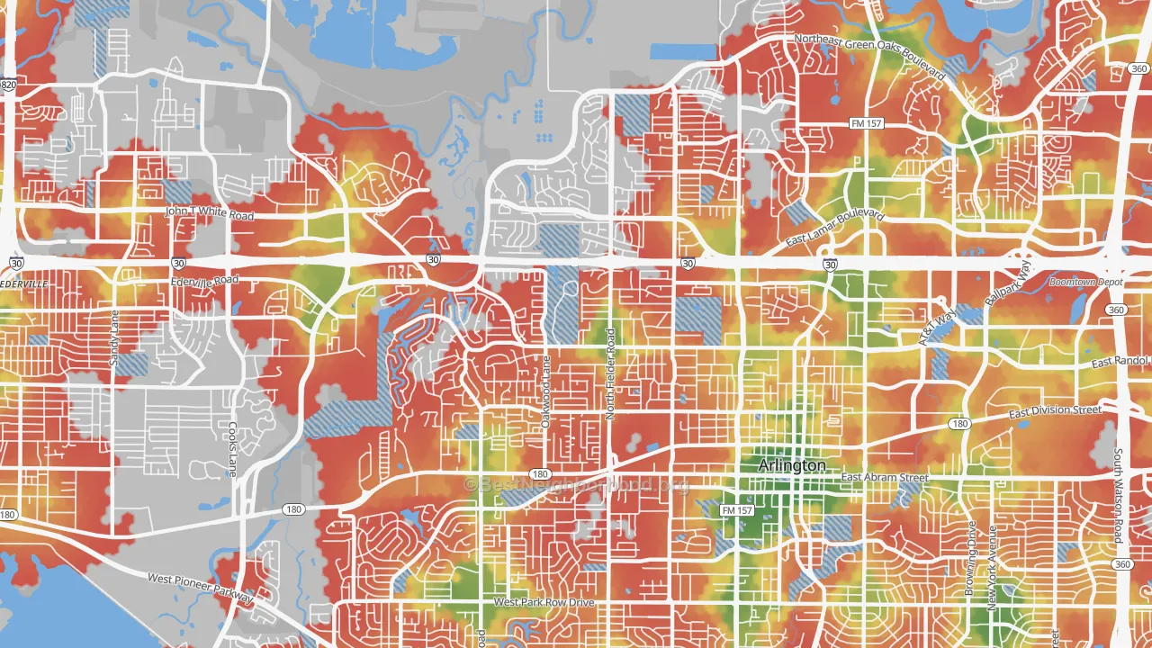 Walk Grade map of 76012, TX, walkable areas in green and car-dependent areas in red