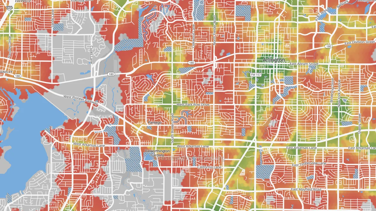 Walk Grade map of 76013, TX, walkable areas in green and car-dependent areas in red