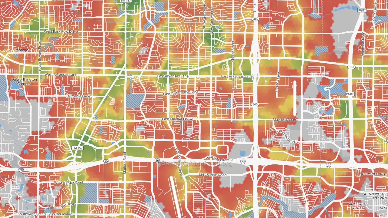 Walk Grade map of 76014, TX, walkable areas in green and car-dependent areas in red
