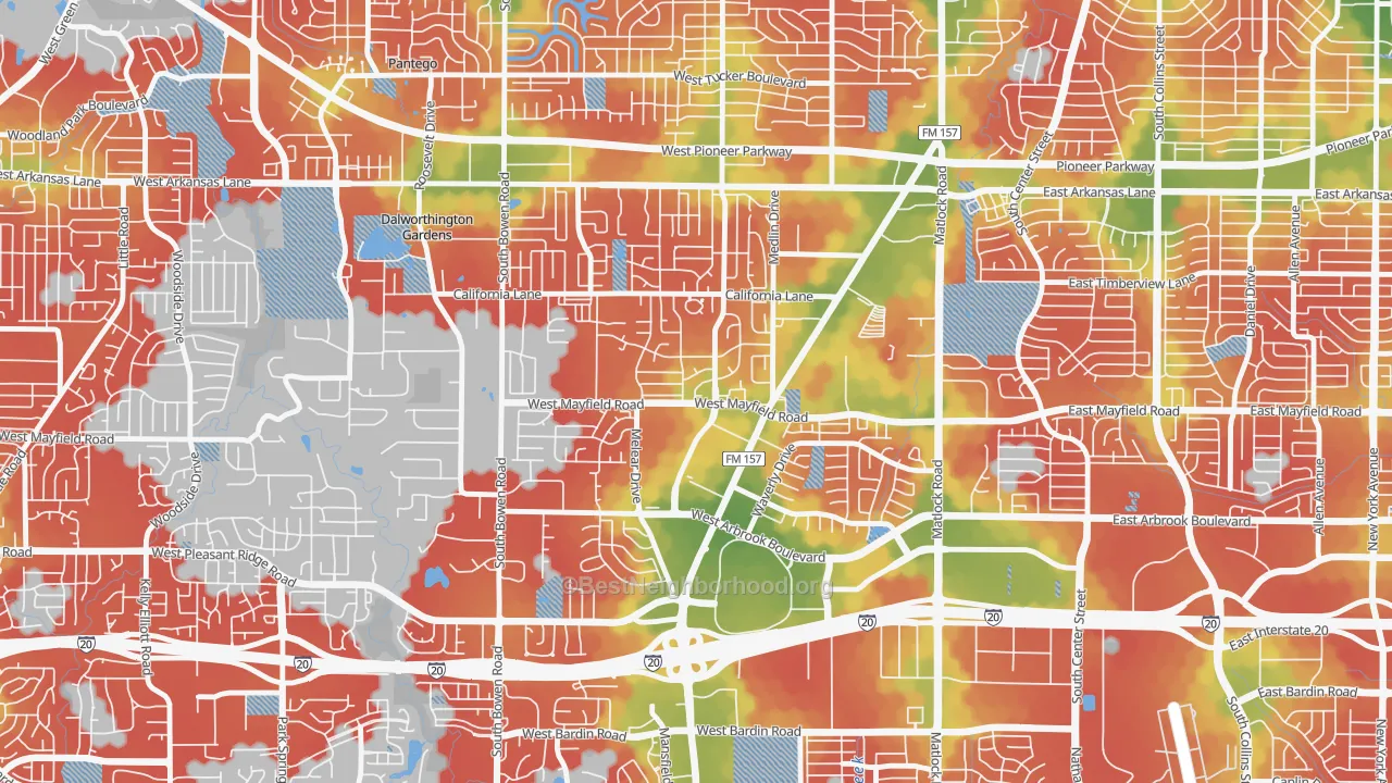Walk Grade map of 76015, TX, walkable areas in green and car-dependent areas in red