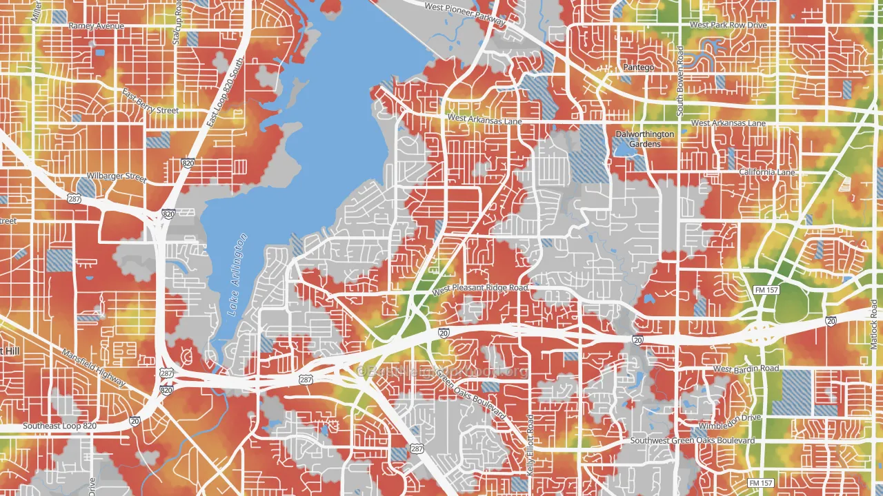 Walk Grade map of 76016, TX, walkable areas in green and car-dependent areas in red