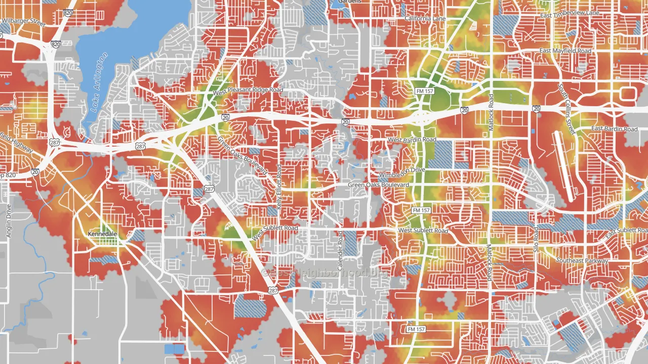 Walk Grade map of 76017, TX, walkable areas in green and car-dependent areas in red