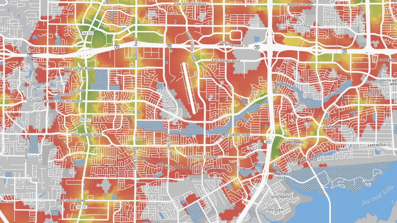 Walk Grade map of 76018, TX, walkable areas in green and car-dependent areas in red