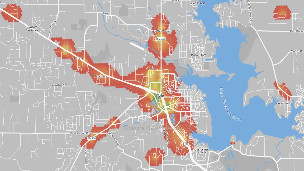 Walk Grade map of 76020, TX, walkable areas in green and car-dependent areas in red