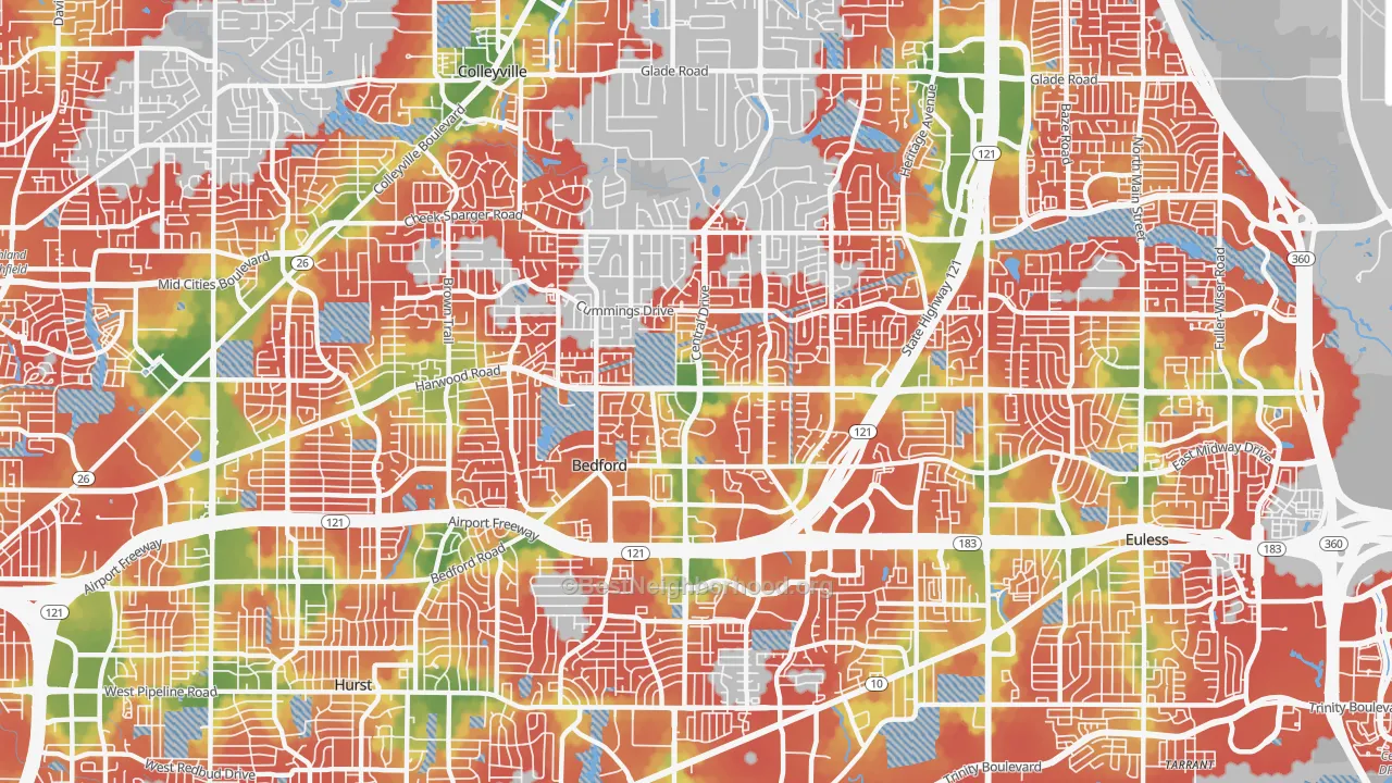 Walk Grade map of 76021, TX, walkable areas in green and car-dependent areas in red