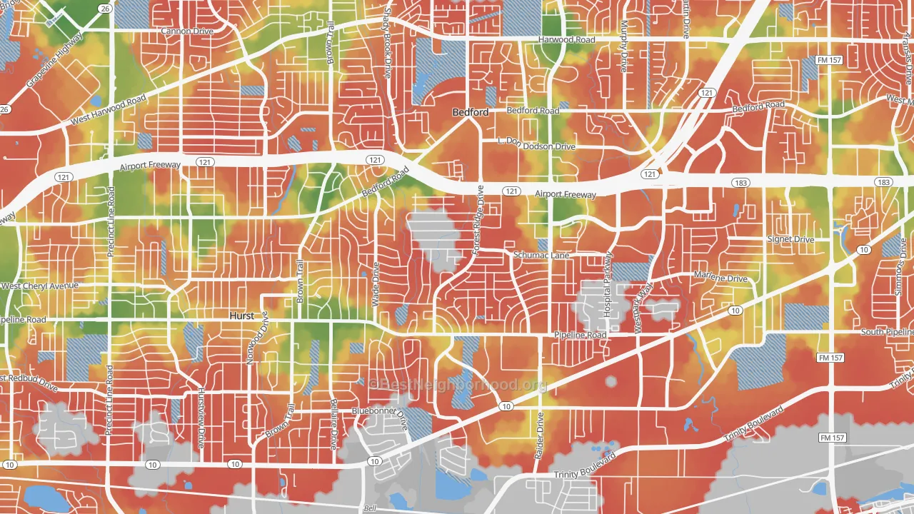 Walk Grade map of 76022, TX, walkable areas in green and car-dependent areas in red