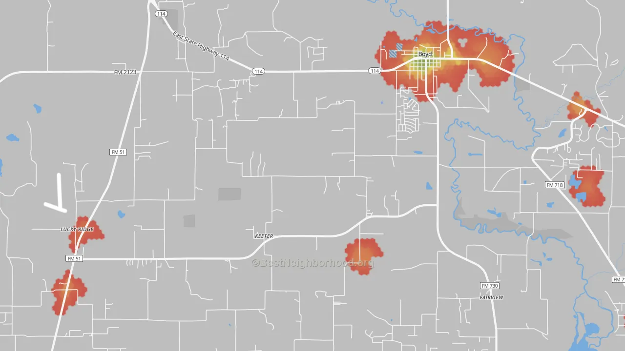 Walk Grade map of 76023, TX, walkable areas in green and car-dependent areas in red