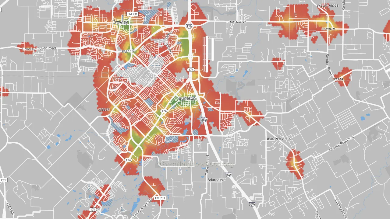 Walk Grade map of 76028, TX, walkable areas in green and car-dependent areas in red