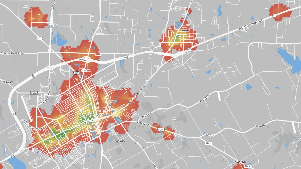Walk Grade map of 76031, TX, walkable areas in green and car-dependent areas in red