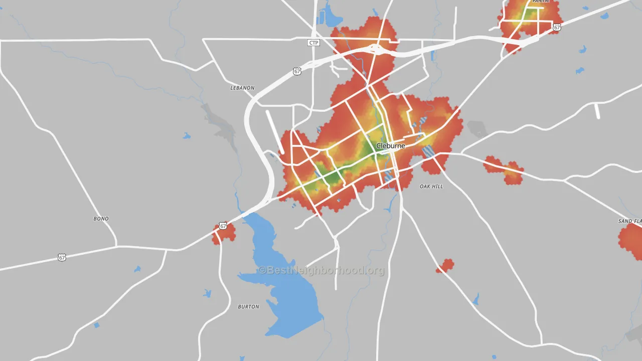 Walk Grade map of 76033, TX, walkable areas in green and car-dependent areas in red