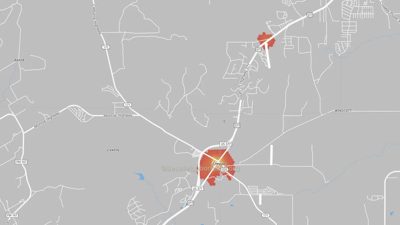 Walk Grade map of 76035, TX, walkable areas in green and car-dependent areas in red