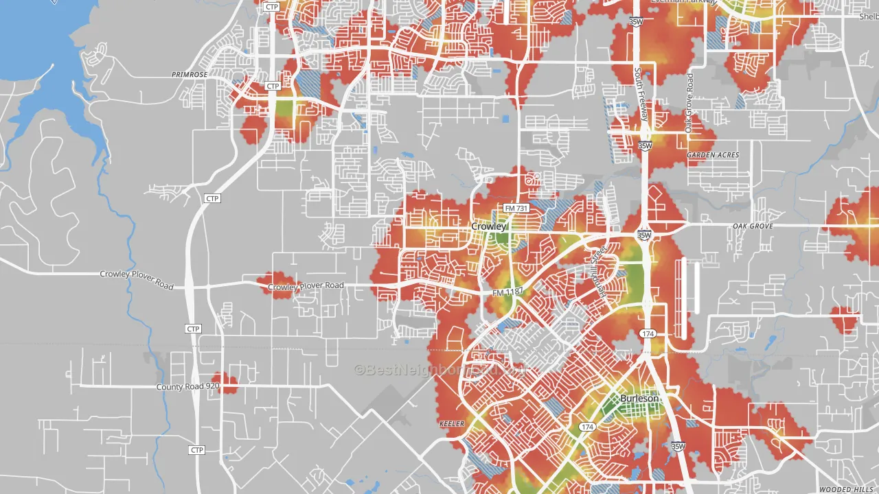 Walk Grade map of 76036, TX, walkable areas in green and car-dependent areas in red