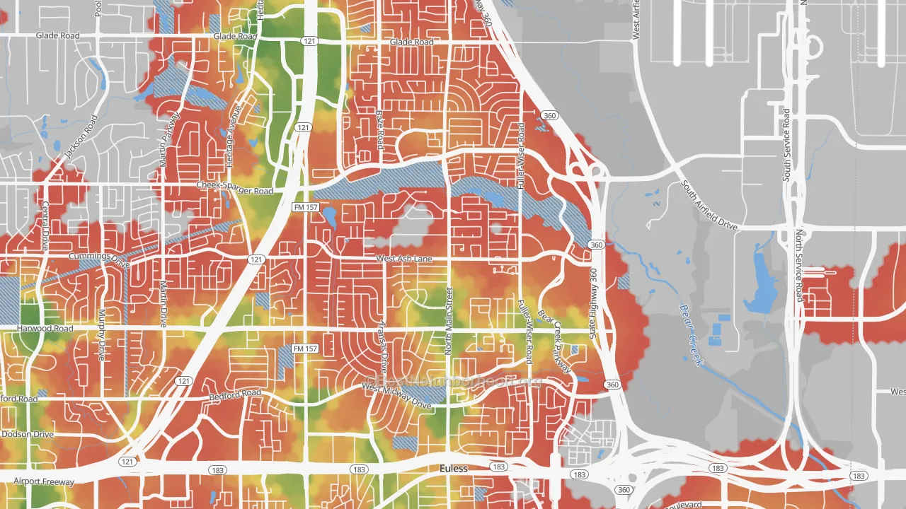 Walk Grade map of 76039, TX, walkable areas in green and car-dependent areas in red