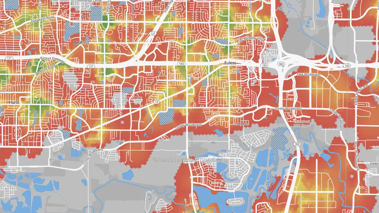 Walk Grade map of 76040, TX, walkable areas in green and car-dependent areas in red